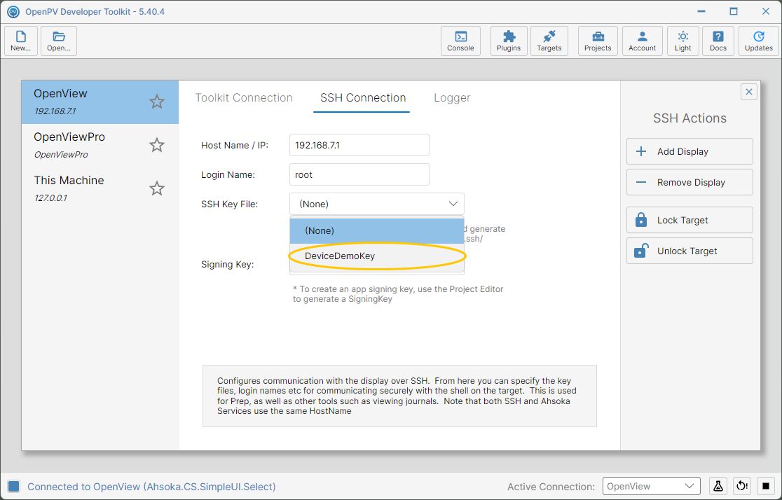 Choosing DeviceDemoKey from the SSH Key File list