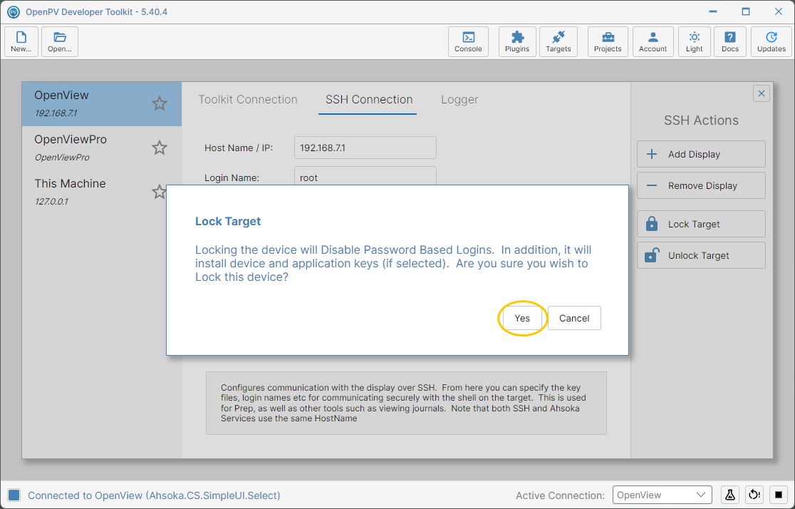 The Lock Target confirmation dialog