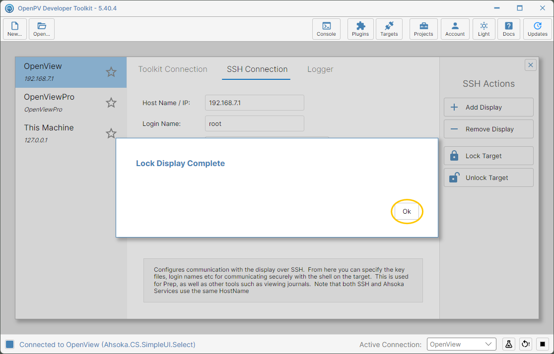 The Lock Display Complete dialog