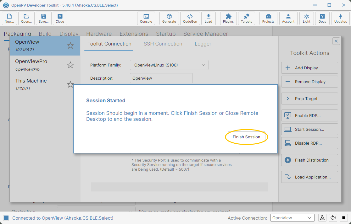 The app's Session Started dialog, with its Finish Session button