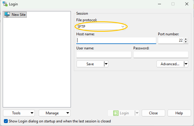 WinSCP's Login dialog, with SFTP as the file protocol