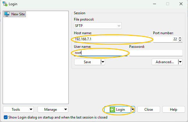 The Login dialog filled in with the display's address and login name