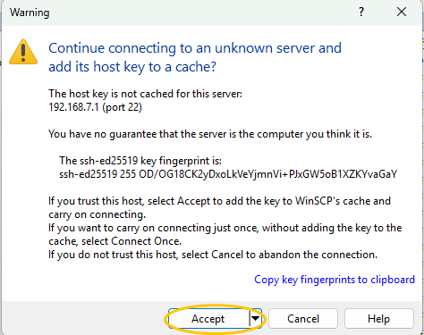 WinSCP asking whether to trust the display's host key