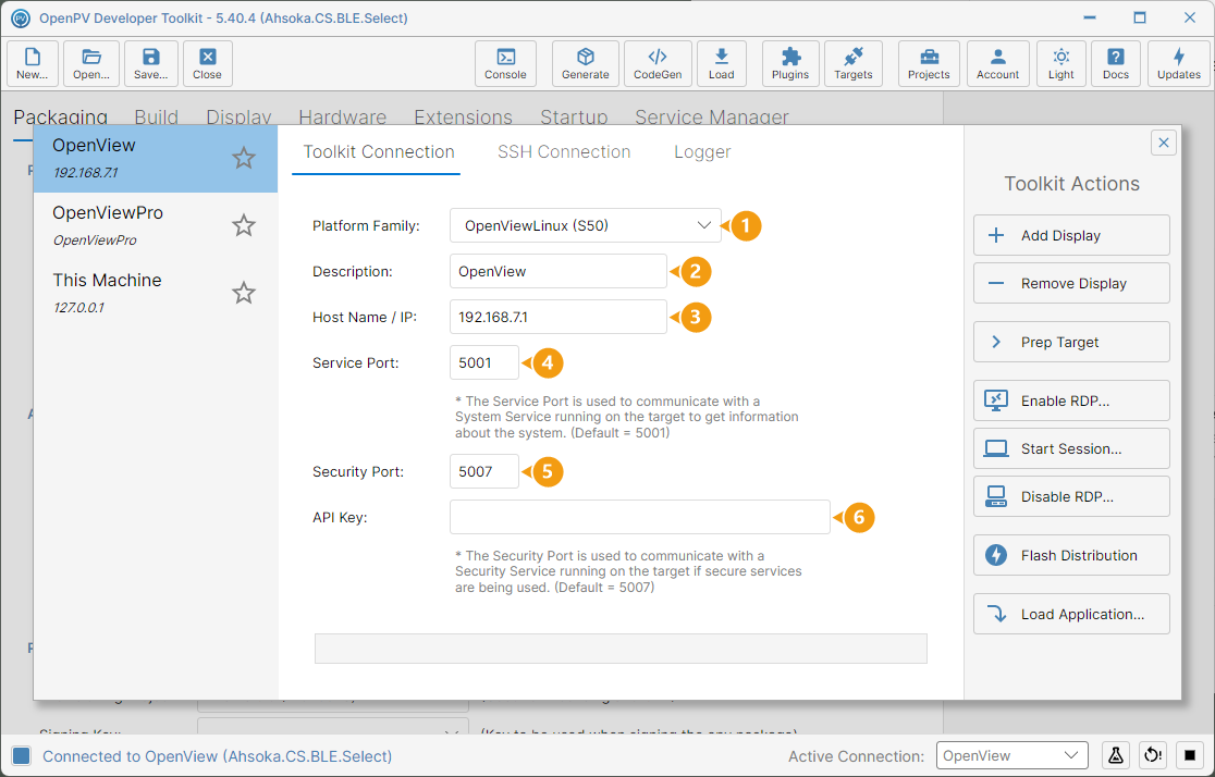 The Toolkit Connection panel, with each field numbered