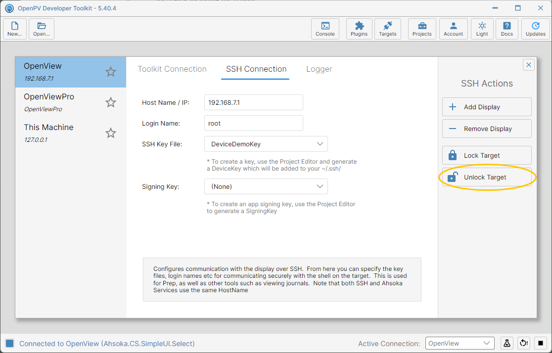 The Unlock Target button, with DeviceDemoKey selected