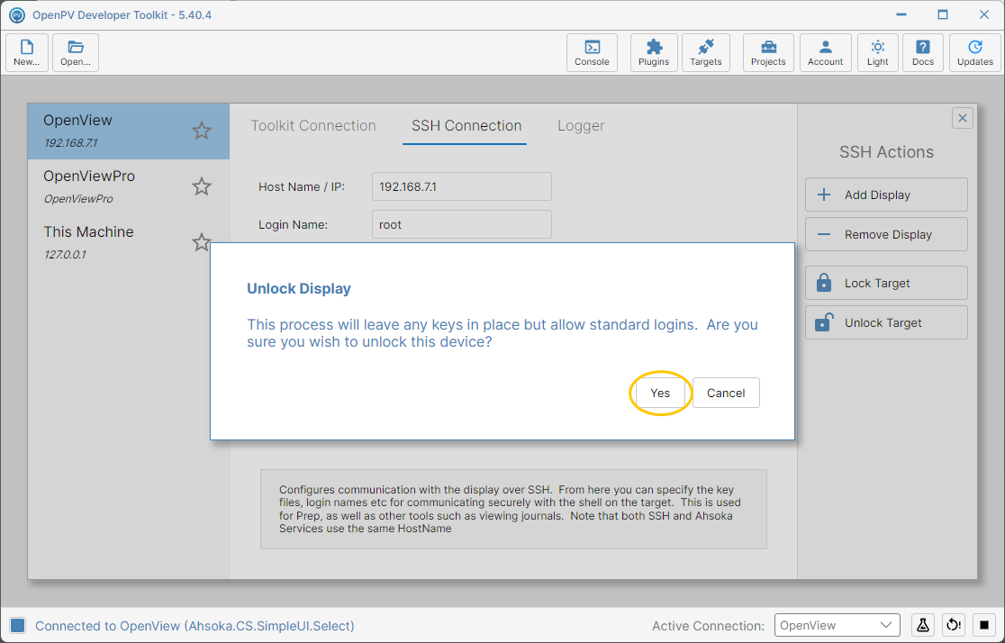The Unlock Display confirmation dialog