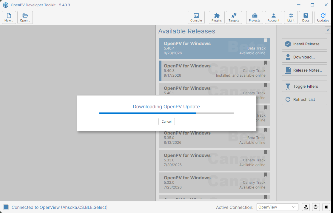 The Downloading OpenPV Update progress dialog