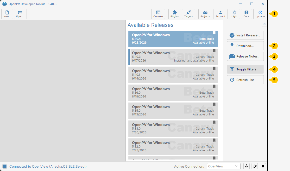 The Updates panel, with each action numbered